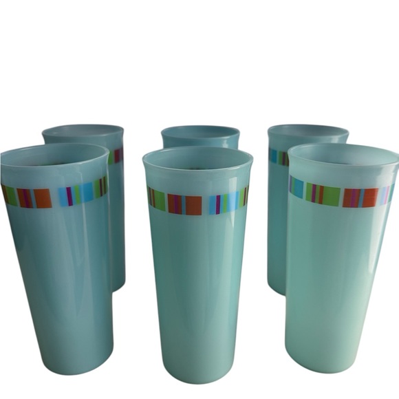 Tupperware Aqua Blue Tumblers with Colorful Stripe Design - Picture 2 of 5